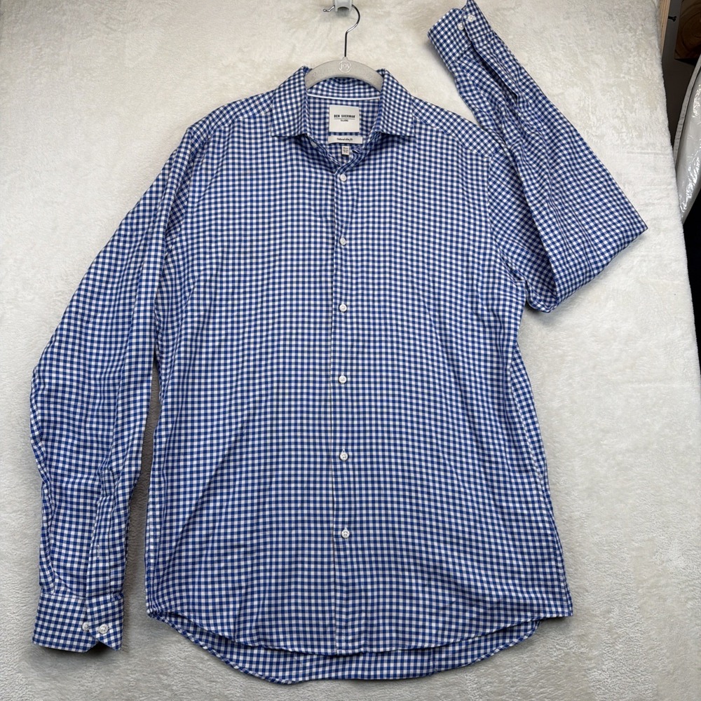 Ben Sherman Tailoring Gingham Dress Shirt 15.5 Long Sleeve Blue Check